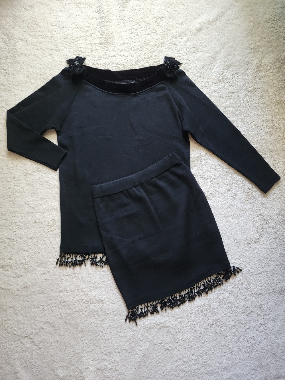 VTG Andrea Jovine 100% Wool Skirt Set Black Beaded Fringe M Fits Like Small 90s